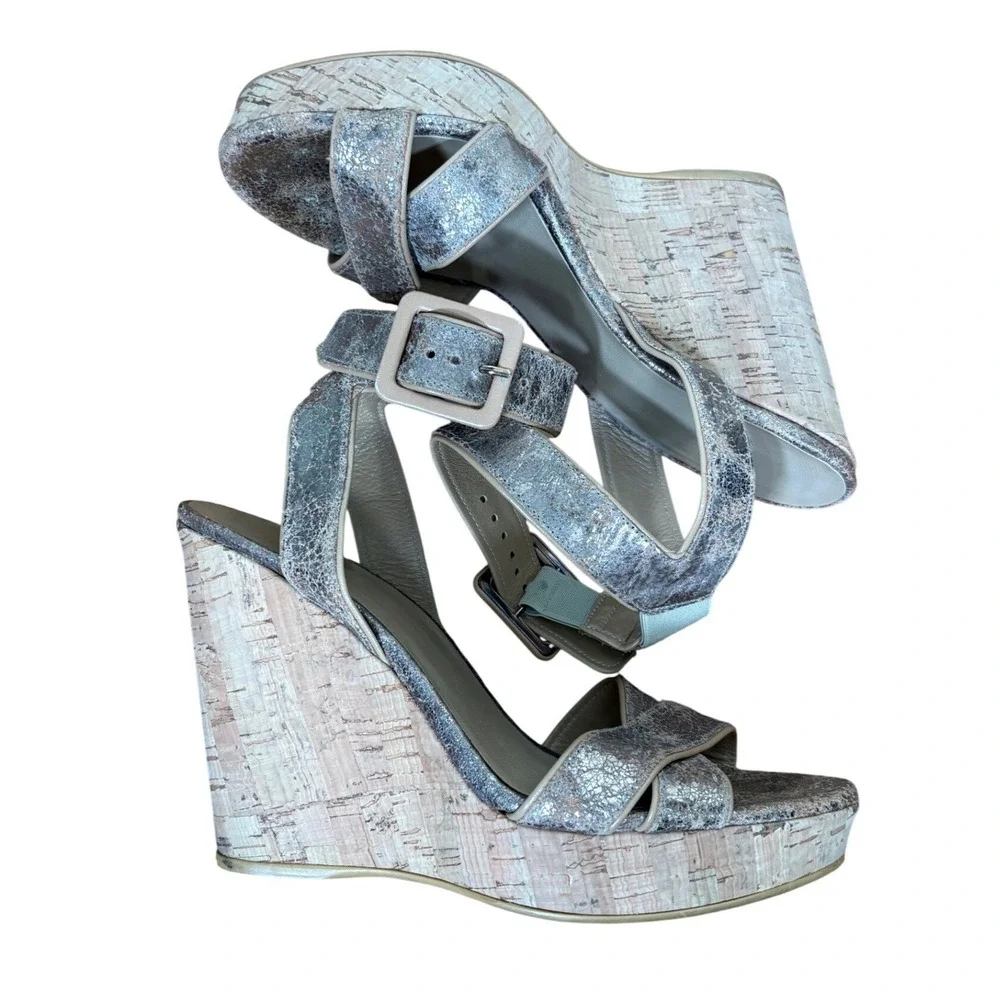 Stuart Weitzman Bronze Metallic Distressed Leather Cork Wedge Sandals size 7.5